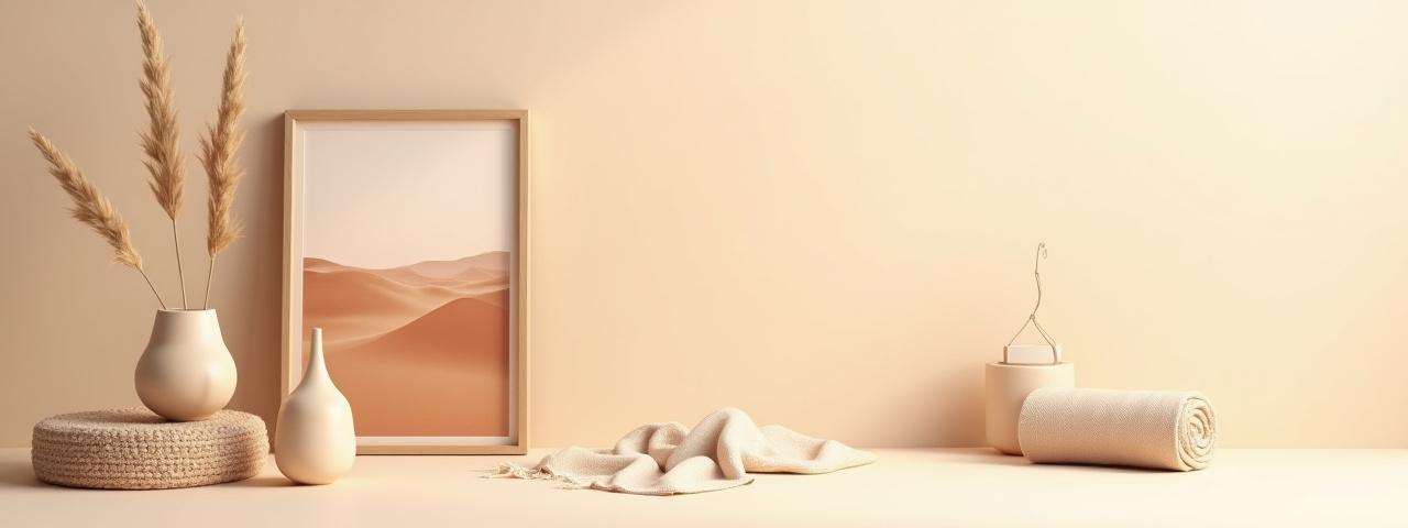 Visually striking arrangement of Horizon Hues desert-inspired home decor products, bathed in warm natural light.